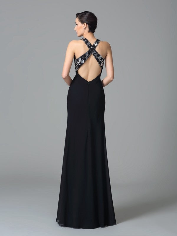 Classic Straps Beading Sleeveless Long Evening Dress Chiffon-ballbellauk