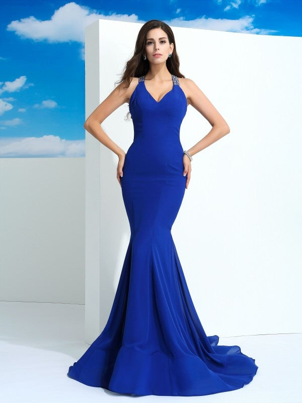 Classic Straps Beading Sleeveless Long Evening Dress Chiffon-ballbellauk