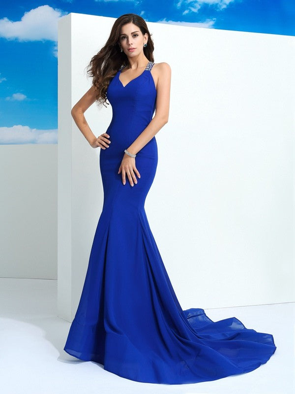 Classic Straps Beading Sleeveless Long Evening Dress Chiffon-ballbellauk