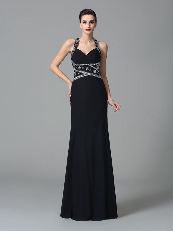 Classic Straps Beading Sleeveless Long Evening Dress Chiffon-ballbellauk