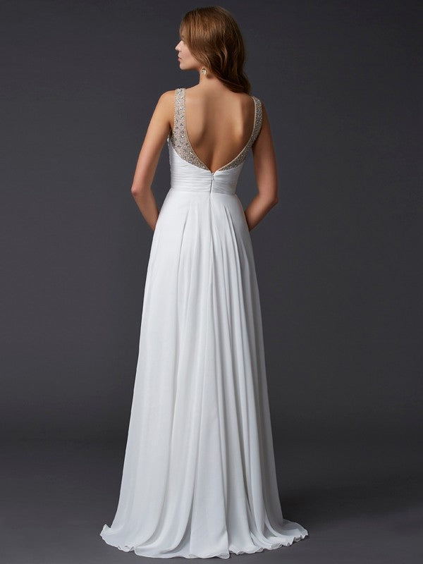 Classic Straps Sleeveless Pleats Long Evening Dress Chiffon-ballbellauk