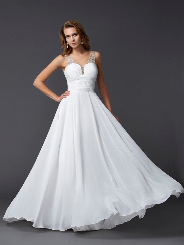 Classic Straps Sleeveless Pleats Long Evening Dress Chiffon-ballbellauk
