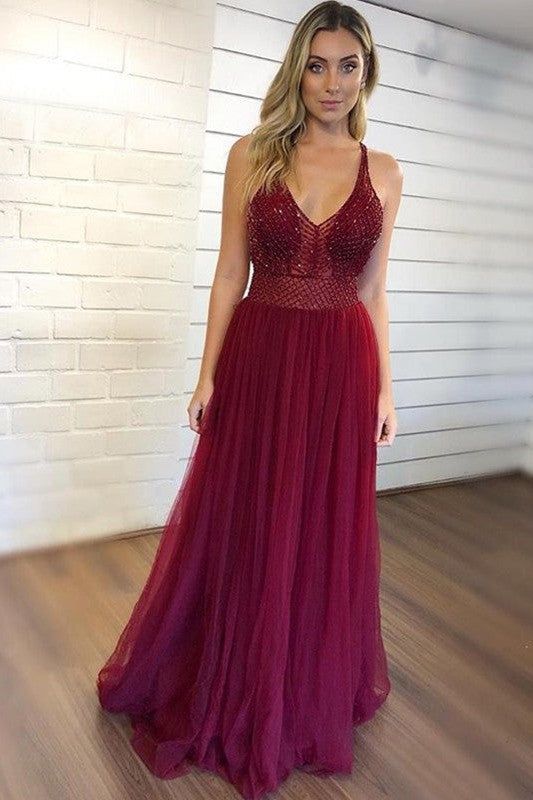 Classic V-Neck Sleeveless Crystal Tulle Prom Dress-ballbellauk