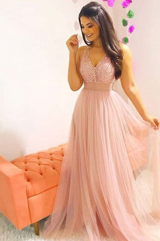 Classic V-Neck Sleeveless Crystal Tulle Prom Dress-ballbellauk