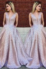 Classic V-Neck Sleeveless Sequin Lace Prom Dress-ballbellauk
