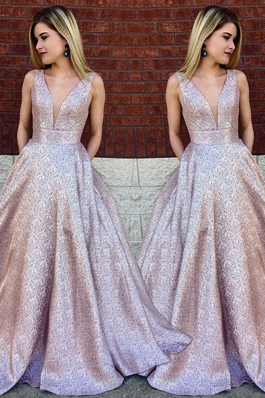 Classic V-Neck Sleeveless Sequin Lace Prom Dress-ballbellauk