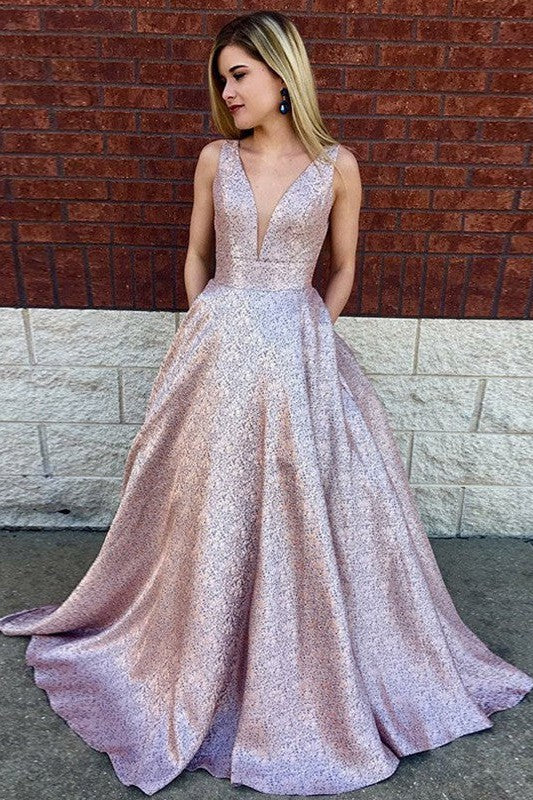 Classic V-Neck Sleeveless Sequin Lace Prom Dress-ballbellauk