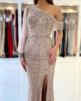 Classy Beadings Prom Dress Long Mermaid Eevning Gowns Split Long Sleeve-ballbellauk