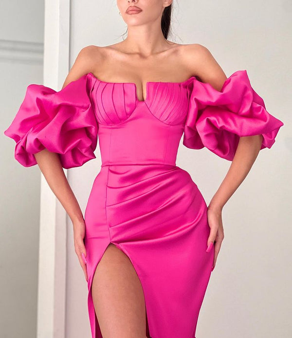 Classy Fuchsia Off-the-shoulder Bubble Sleeves High Slit Long Prom Dresses Mermaid-ballbellauk