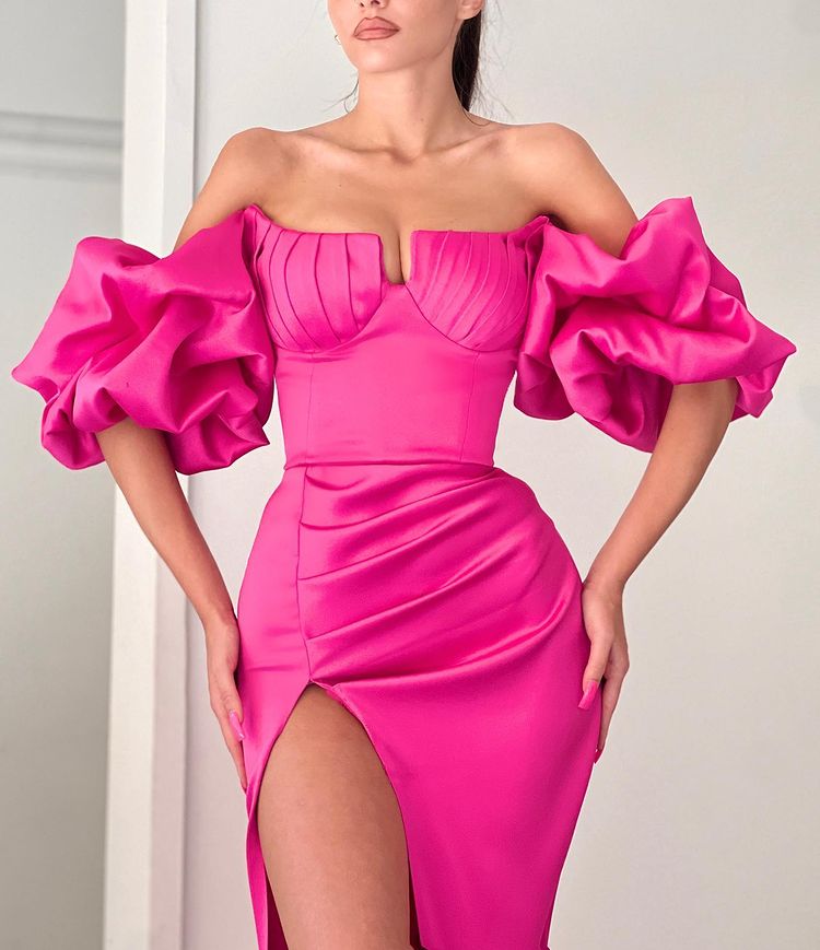Classy Fuchsia Off-the-shoulder Bubble Sleeves High Slit Long Prom Dresses Mermaid-ballbellauk