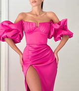 Classy Fuchsia Off-the-shoulder Bubble Sleeves High Slit Long Prom Dresses Mermaid-ballbellauk