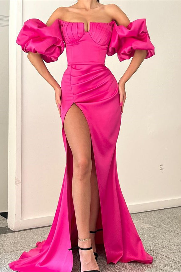 Classy Fuchsia Off-the-shoulder Bubble Sleeves High Slit Long Prom Dresses Mermaid-ballbellauk