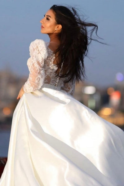 long sleeve satin wedding dress uk Classy Long Sleeves V-neck Satin Wedding Dresses with Lace – ballbellauk