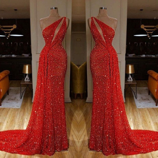 Classy One Shoulder Red Evening Dresses Sequins Long On Sale-ballbellauk