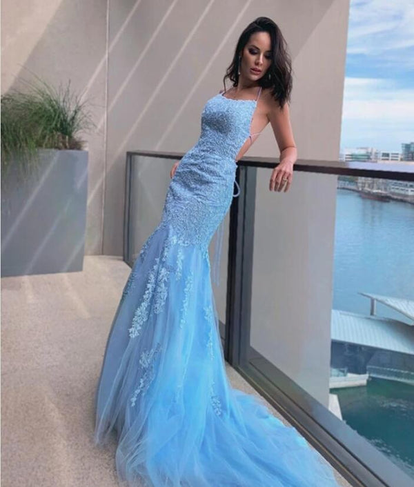 Classy Sky Blue Halter Mermaid Prom Dress UK-ballbellauk