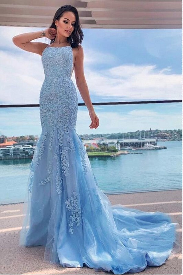Classy Sky Blue Halter Mermaid Prom Dress UK-ballbellauk