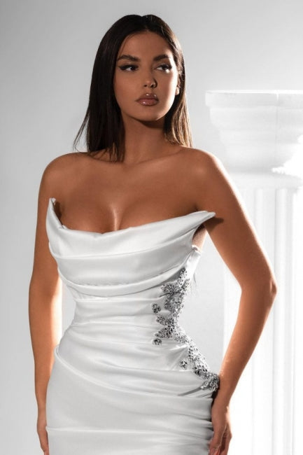 Classy Strapless Front Slit Long Satin Prom Dress with Ruffles-ballbellauk