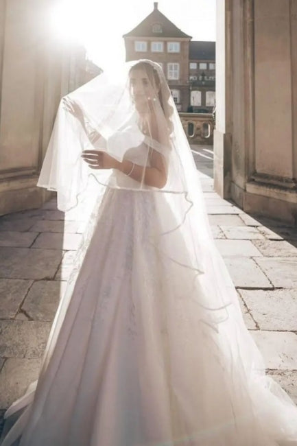Classy Straps Off the Shoulder Long A-Line Wedding Dresses-ballbellauk