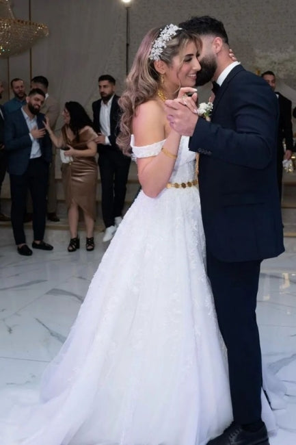 Classy Straps Off the Shoulder Long A-Line Wedding Dresses-ballbellauk