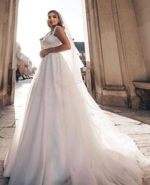 Classy Straps Off the Shoulder Long A-Line Wedding Dresses-ballbellauk