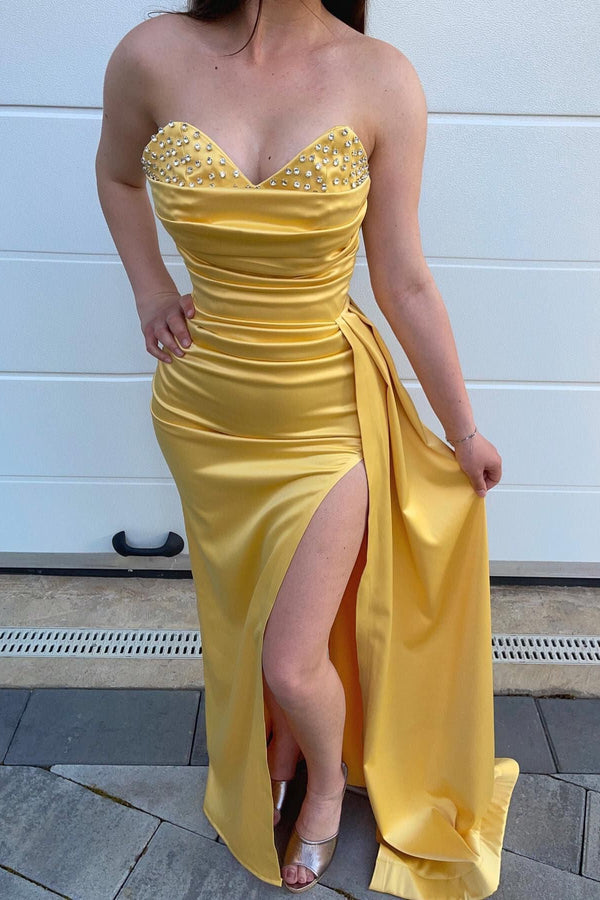 Daffodil Mermaid Prom Dress Slit Long With Beads Sweetheart-ballbellauk