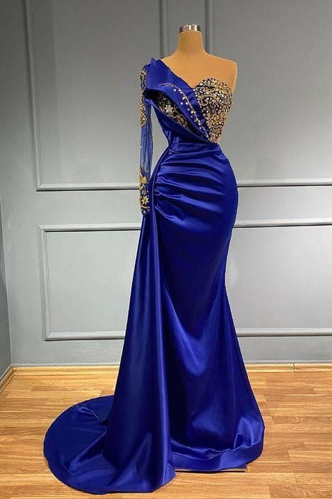 Dark Blue One Shoulder Mermaid Prom Dress UK With Beads-ballbellauk