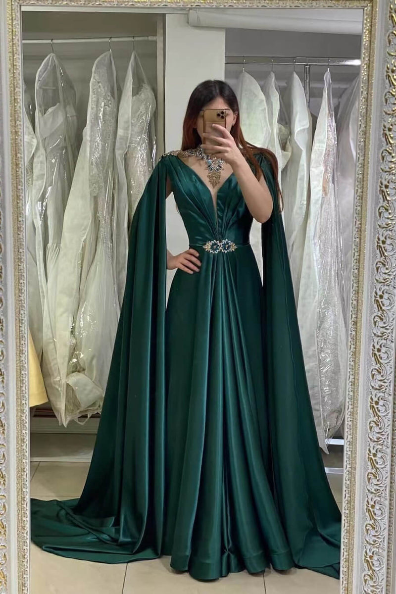 Dark Green A-Line V-Neck Long Prom Dress UK With Embellished Ruffles-ballbellauk