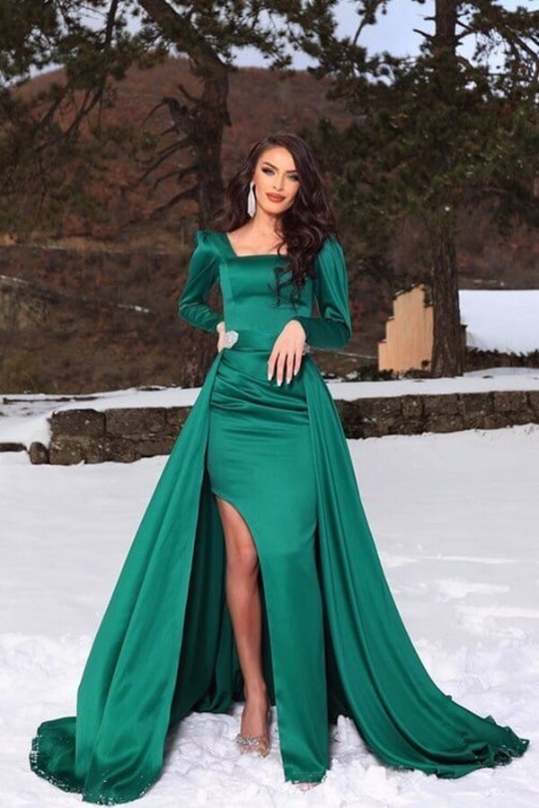 Dark Green Long Sleeves Mermaid Slit Prom Dress UK with Detachable Skirt-ballbellauk