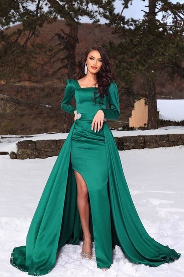 Dark Green Long Sleeves Mermaid Slit Prom Dress UK with Detachable Skirt-ballbellauk