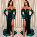 Dark Green Mermaid Evening Dress with Front Split and Gloves-ballbellauk