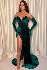 Dark Green Mermaid Evening Dress with Front Split and Gloves-ballbellauk
