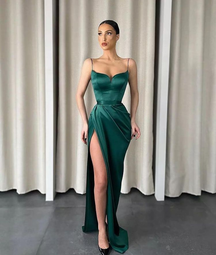 Dark Green Mermaid Prom Dress Long With Slit Spaghetti-Straps-ballbellauk
