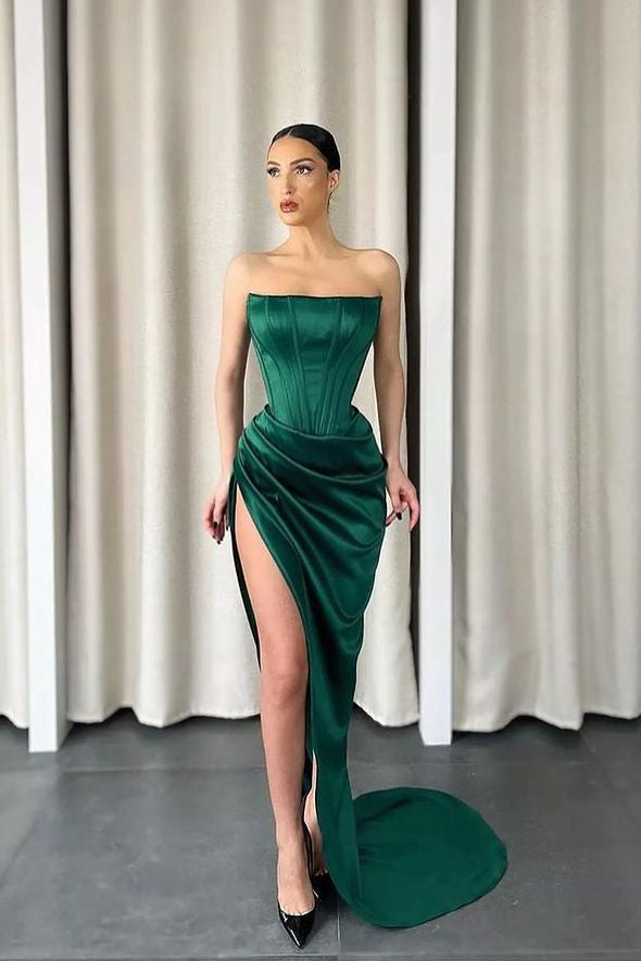 Dark Green Strapless Slit Sleeveless Long Mermaid Prom Dress UK-ballbellauk