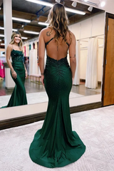Dark Green Straps Mermaid Criss-cross Back Prom Dresses-Ballbella