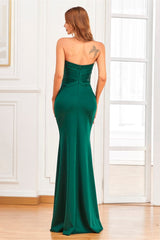 Dark Green Sweetheart Evening Dress With Front Split, Sleeveless Buttons-ballbellauk