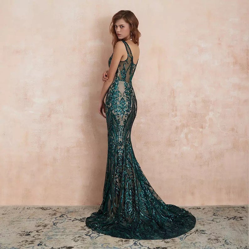 Dark Green V-Neck Evening Dress with Sequins - Mermaid Style-ballbellauk