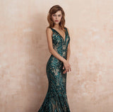 Dark Green V-Neck Evening Dress with Sequins - Mermaid Style-ballbellauk