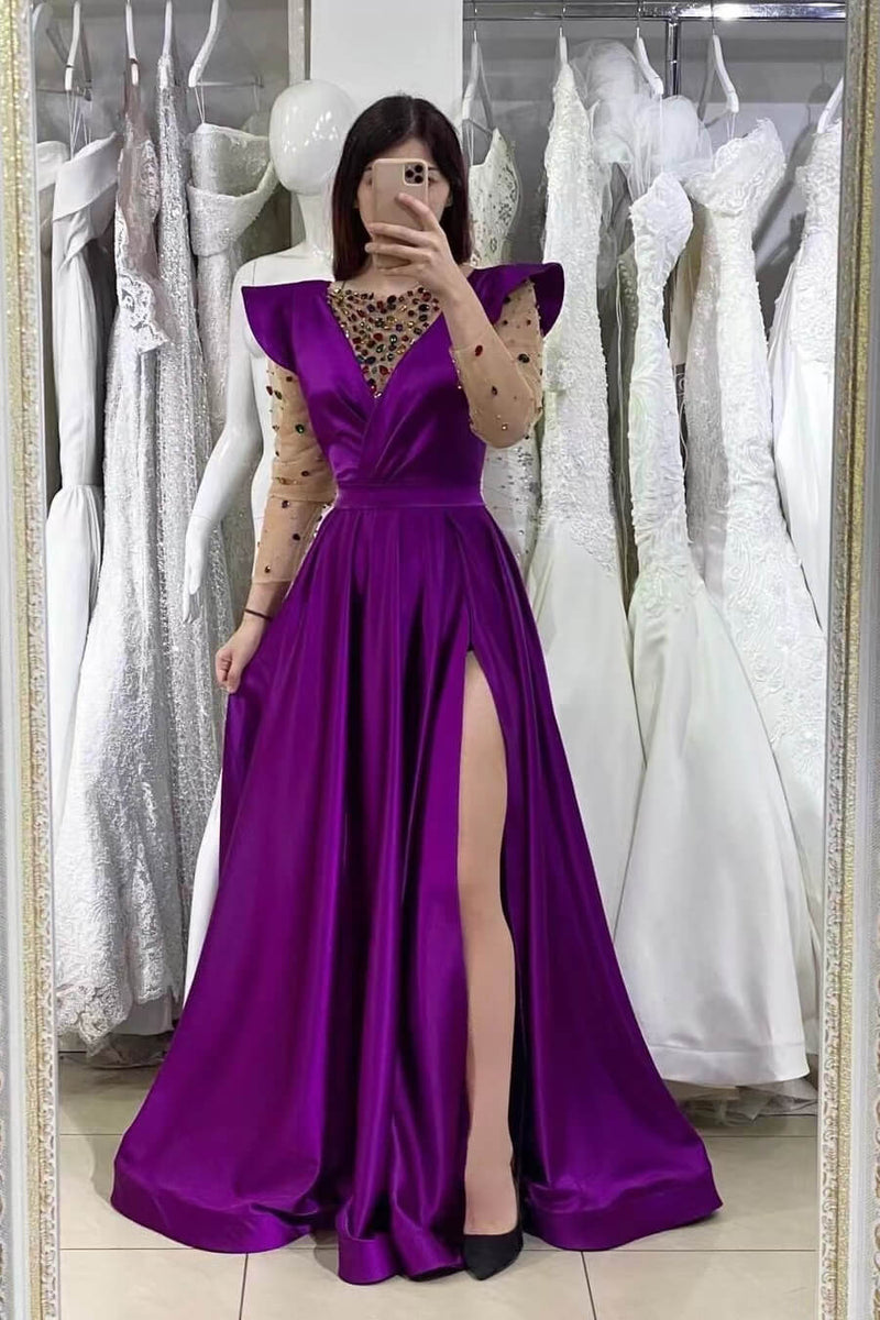 Dark Purple Mermaid V-Neck Beadings Prom Dress UK with Long Sleeves and Front Split-ballbellauk