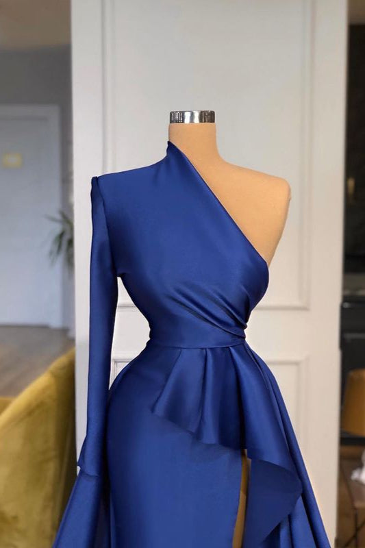 Dark Royal Blue Ruffles Side-cut Overskirt Prom Dress One shoulder-ballbellauk
