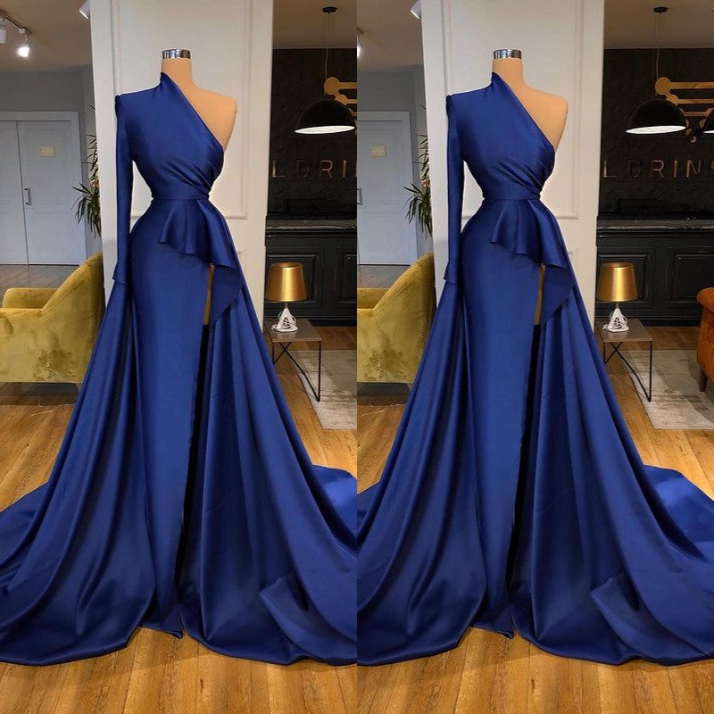 Dark Royal Blue Ruffles Side-cut Overskirt Prom Dress One shoulder-ballbellauk