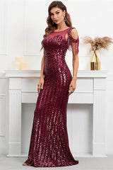 Dazzling Burgundy Mermaid Prom Dress with Sequins and Tassels-ballbellauk