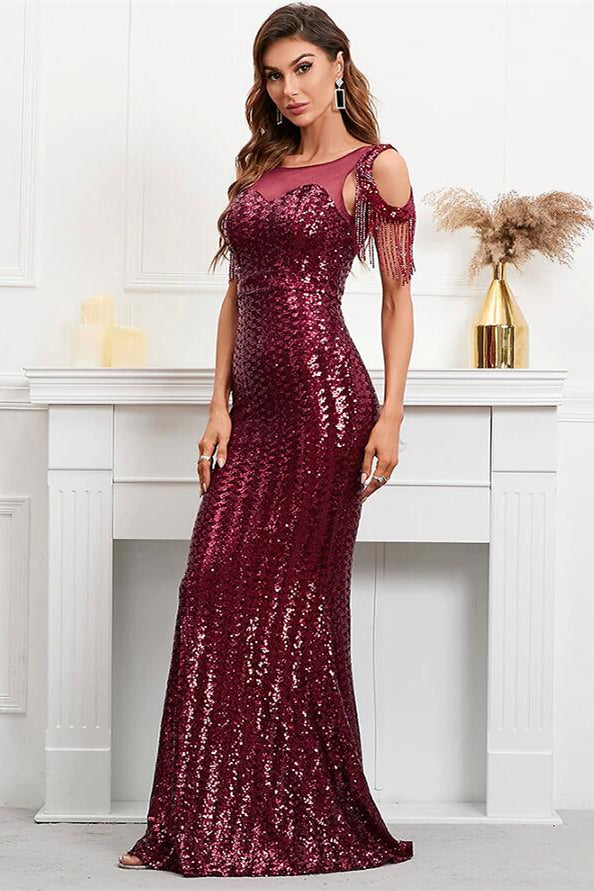 Dazzling Burgundy Mermaid Prom Dress with Sequins and Tassels-ballbellauk