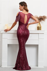 Dazzling Burgundy Mermaid Prom Dress with Sequins and Tassels-ballbellauk