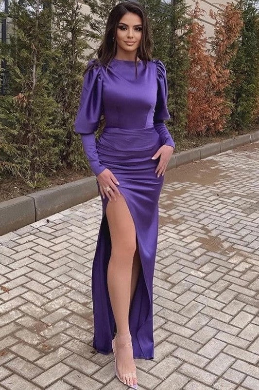 Designer Sheath Ruched Scoop Long Sleeves Long Prom Dress-ballbellauk