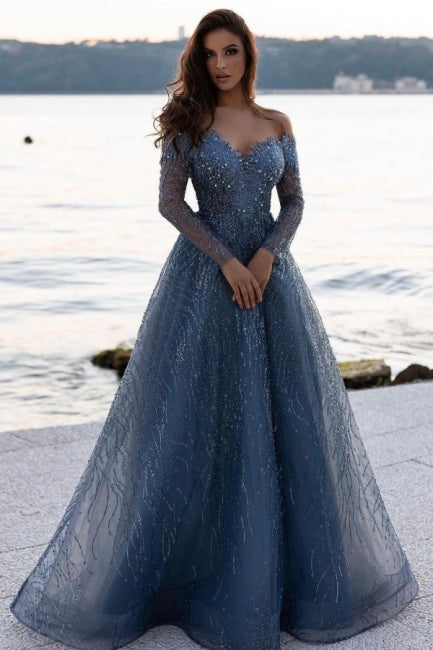 Dusty Blue Sequined A Line Long Sleeves Sweetheart Prom Dress ballbellauk