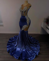 Dusty Blue Shiny Silver Beaded Mermaid Court Train Prom Dresses-Ballbella