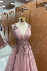 Dusty Pink Sleeveless Long Prom Dress UK With Tulle Appliques and V-Neck-ballbellauk