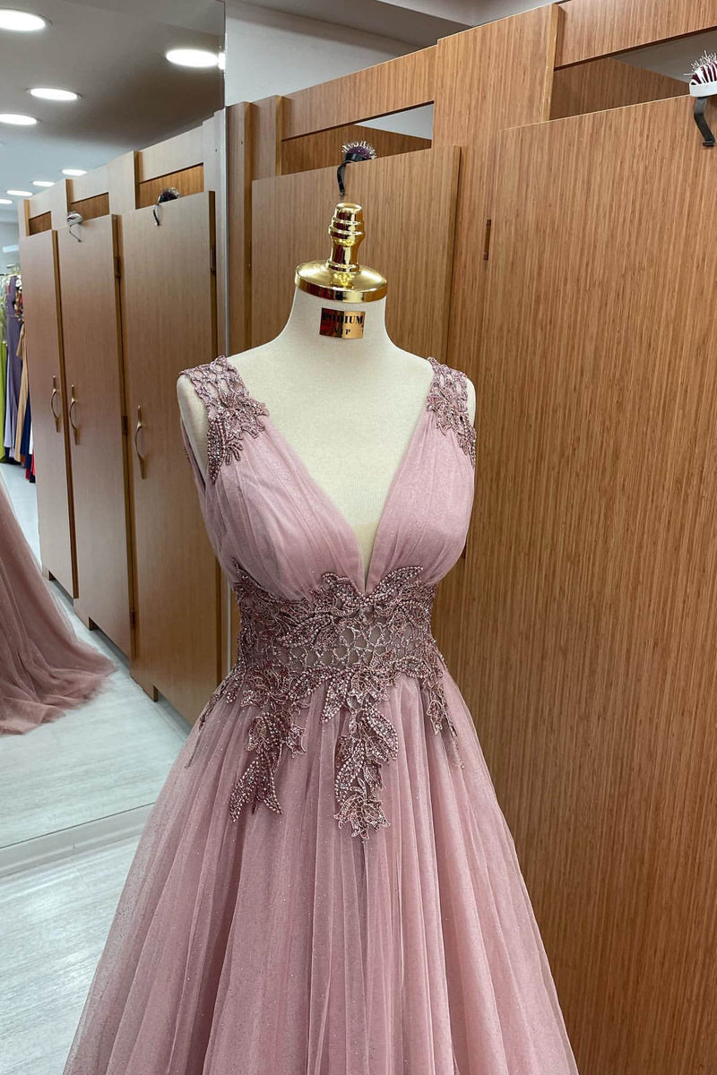 Dusty Pink Sleeveless Long Prom Dress UK With Tulle Appliques and V-Neck-ballbellauk