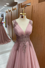 Dusty Pink Sleeveless Long Prom Dress UK With Tulle Appliques and V-Neck-ballbellauk