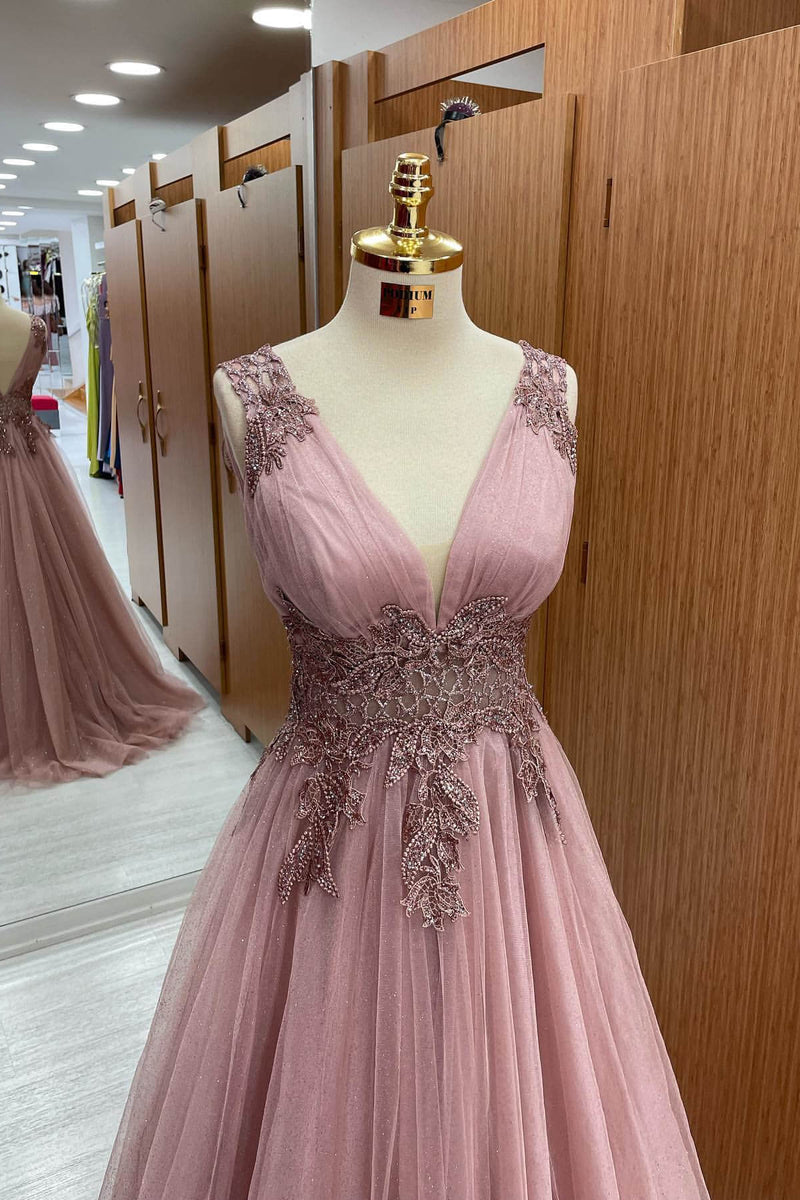 Dusty Pink Sleeveless Long Prom Dress UK With Tulle Appliques and V-Neck-ballbellauk